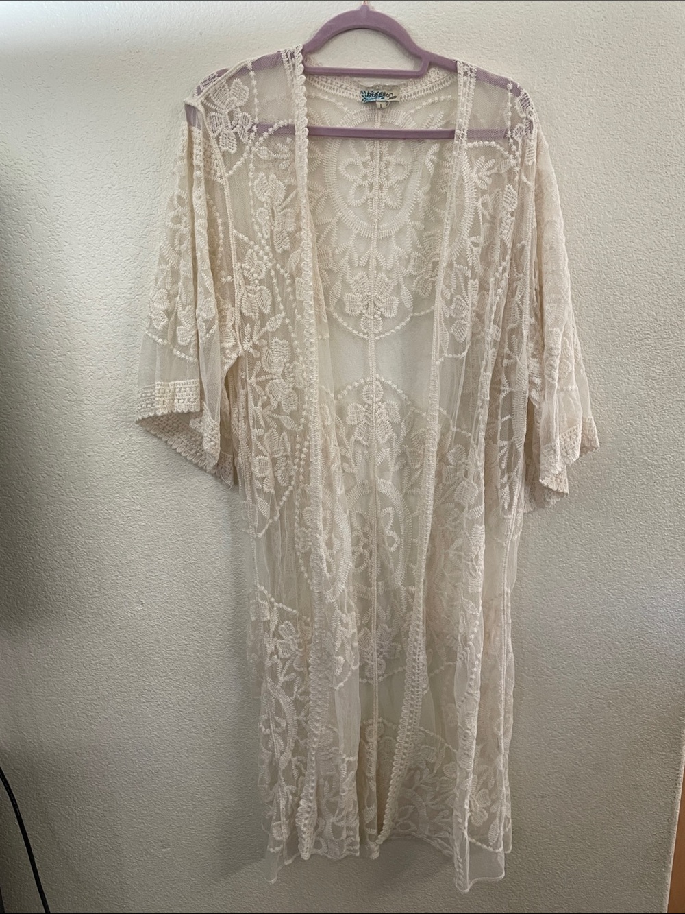 Rebellion Sheer Cream Lace Kimono Robe cotton blend L romantic whimsical - Picture 1 of 6